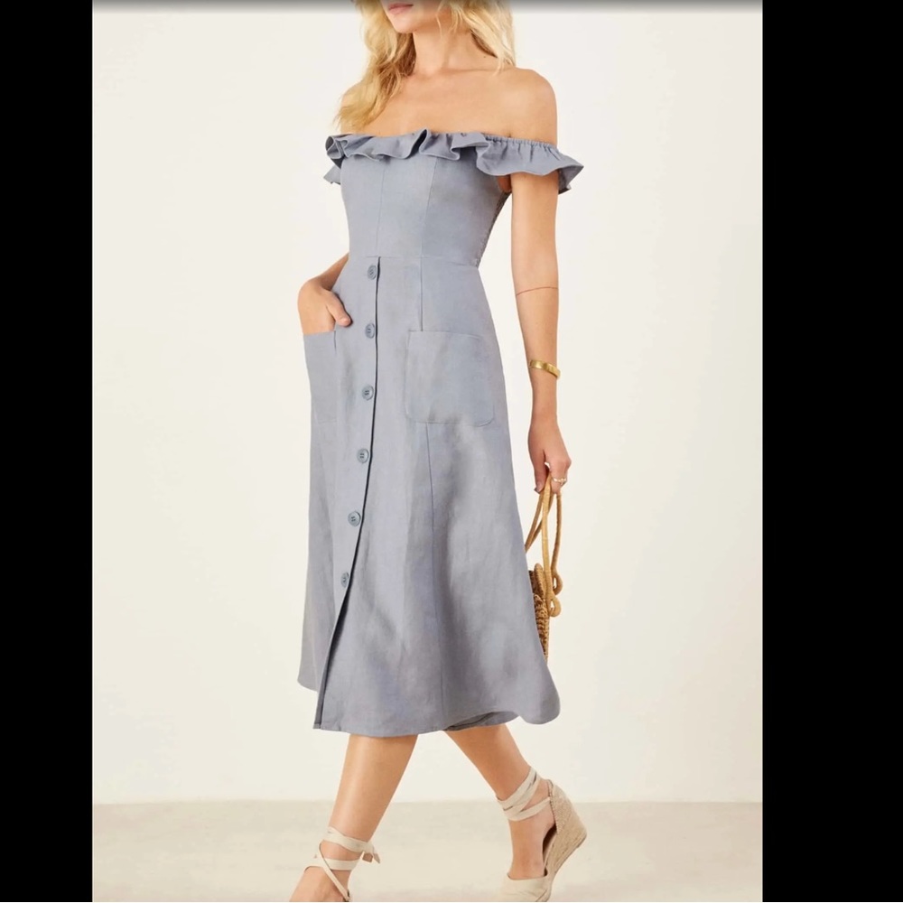 Reformation Hattie Blue Linen Midi Dress